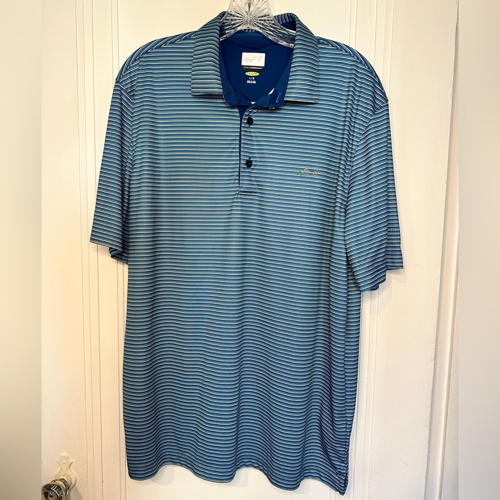 Greg Norman Collection Navy, Light Blue, Lime Green Striped Polo